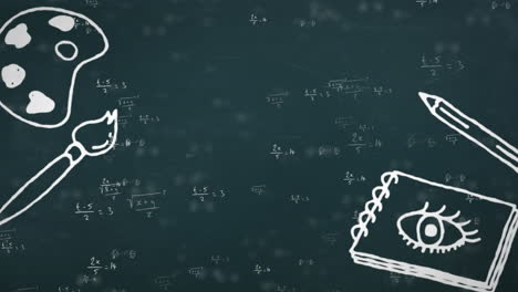 animación digital de múltiples iconos de conceptos escolares contra ecuaciones matemáticas en fondo azul