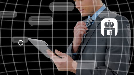 animation of ai data processing over globe and caucasian businessman using tablet