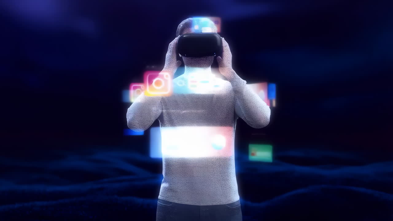 A person interacting with virtual reality interfaces in the metaverse