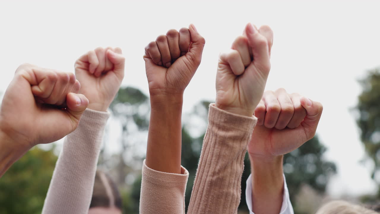 시위 의 표시 로 주먹 을 들고 있는 사람 들 의 집단