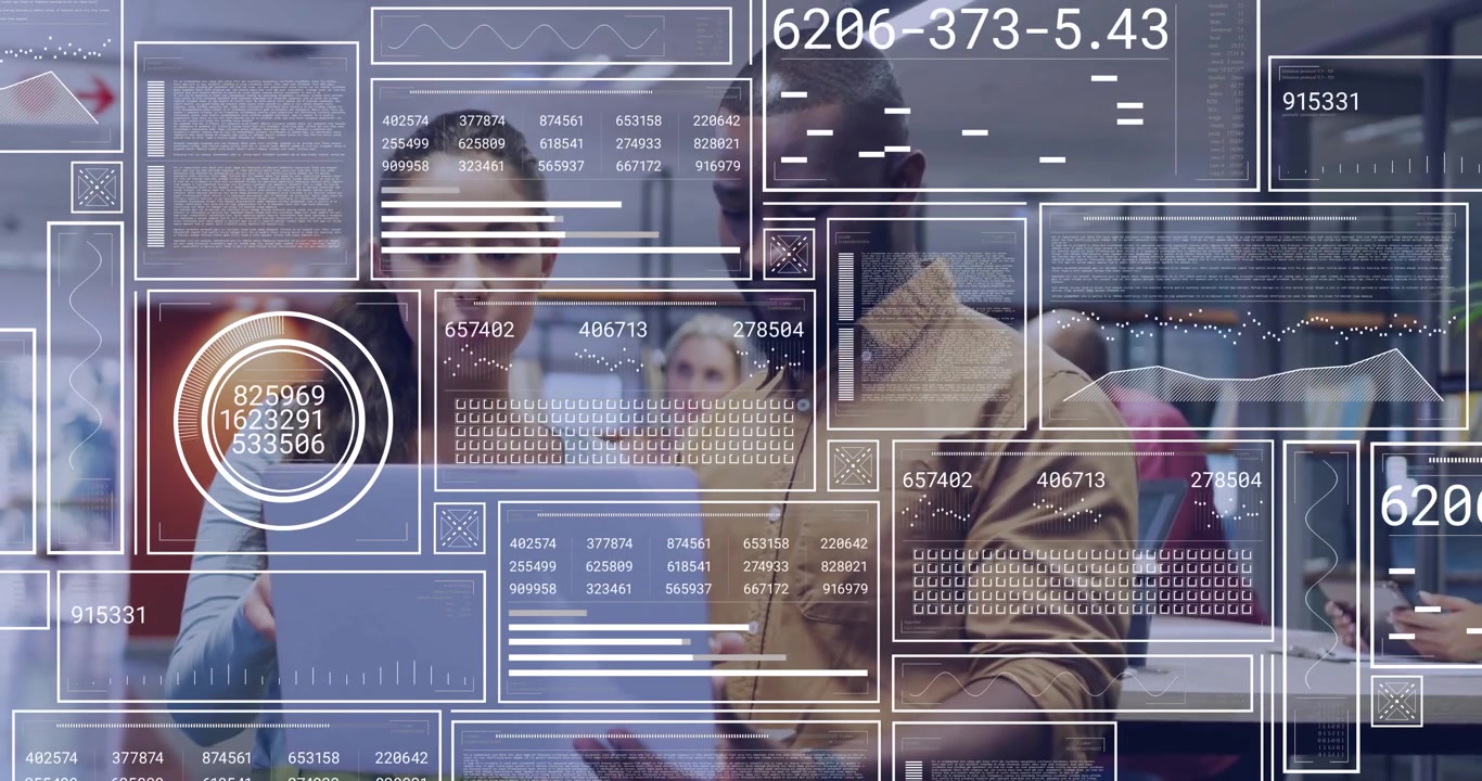 woman typing with man pointing on laptop in office, showing floating digital data graphs