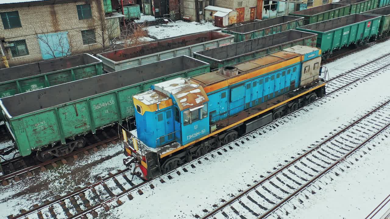 Industrial conceptual scene with trains. Aerial view of freight train on the railway station