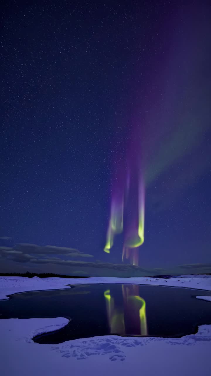 A mesmerizing video of the Northern Lights with vibrant green and purple hues, captured from a low