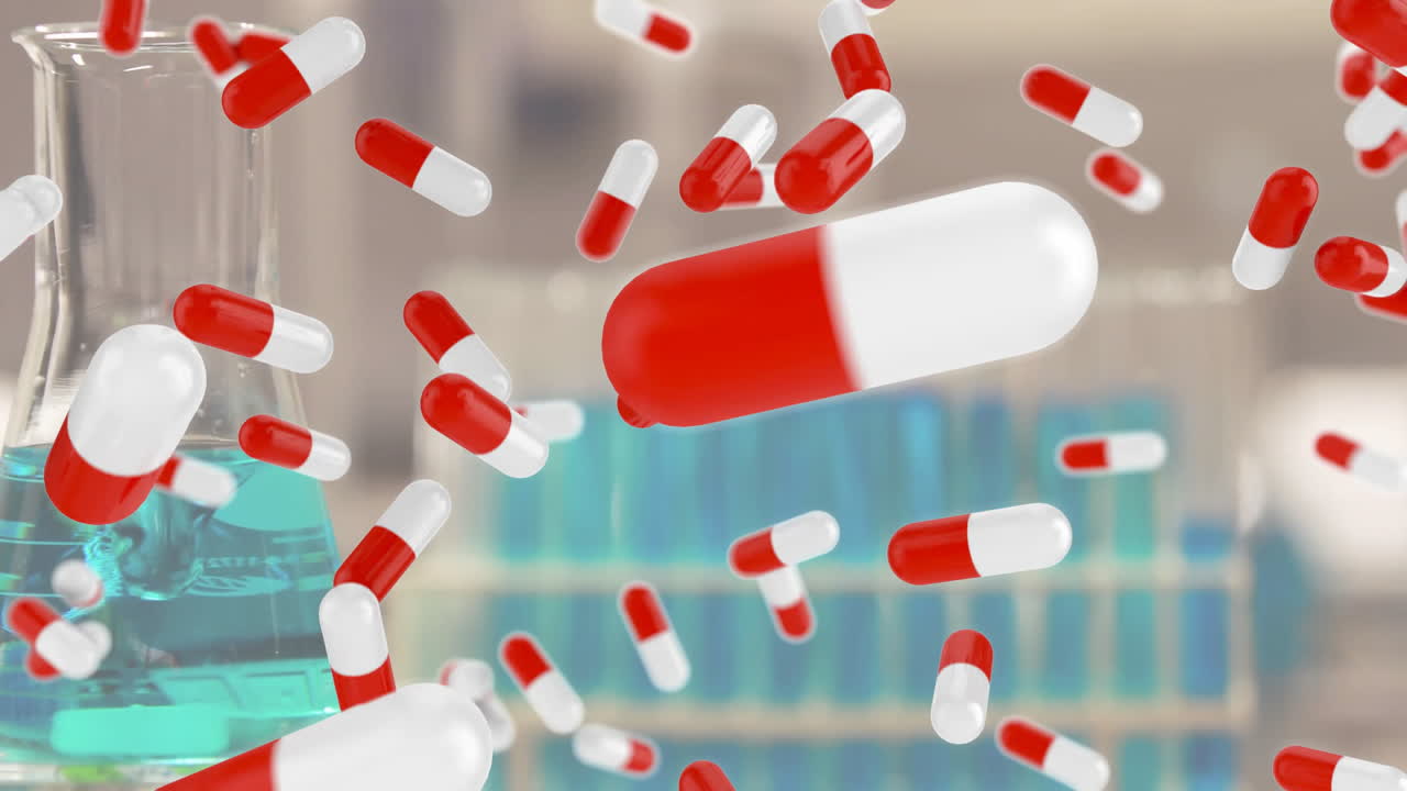 Animation of pills falling over fluid in beaker