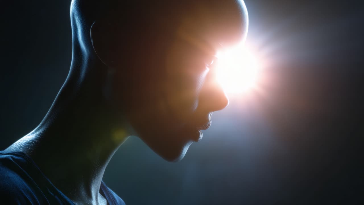 En slående profilsilhuett av en humanoid figur opplyst av en strålende lyskilde, som viser skjæringspunktet mellom teknologi og menneskehet i et fengslende visuelt bilde.