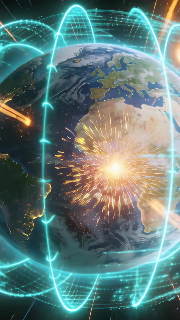 Video verticale: Globo terrestre che ruota nello spazio, con anelli ciano che pulsano e l'asse che brilla, mentre una cometa impatta.