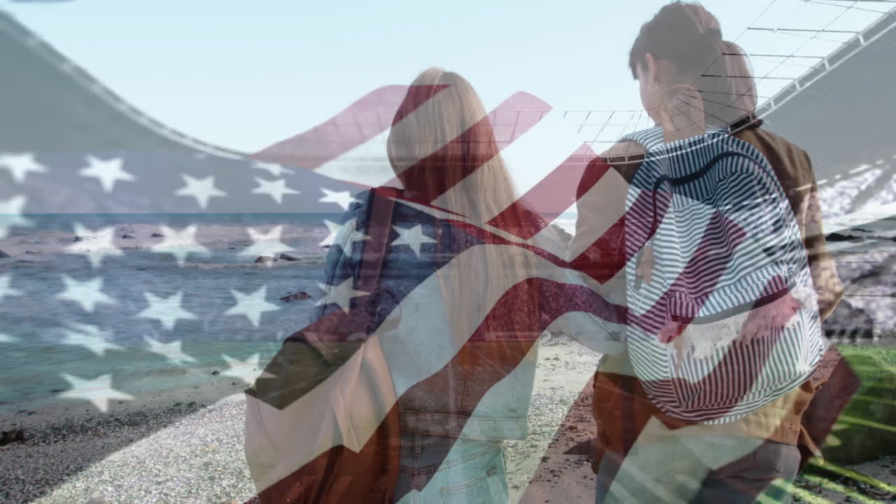 Walking on beach, couple with American flag overlay, symbolizing freedom and unity