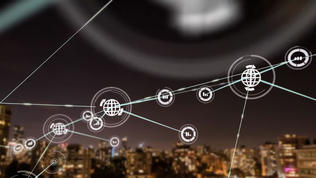 Animation of network of digital icons against aerial view of cityscape at night