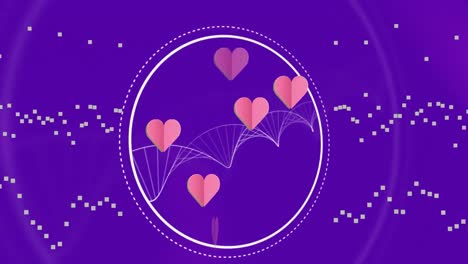 Animation-Von-Herzen,-DNA-Und-Diagrammen-Auf-Violettem-Hintergrund