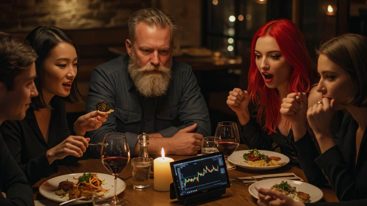 An Engaging Dinner Conversation: Friends Gather Around a Table to Discuss Financial Trends, Sharing Laughter, Food, and Insights Over Candlelight