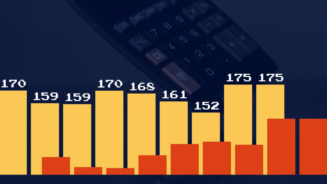 Animazione di elaborazione dati finanziari e statistiche su una calcolatrice