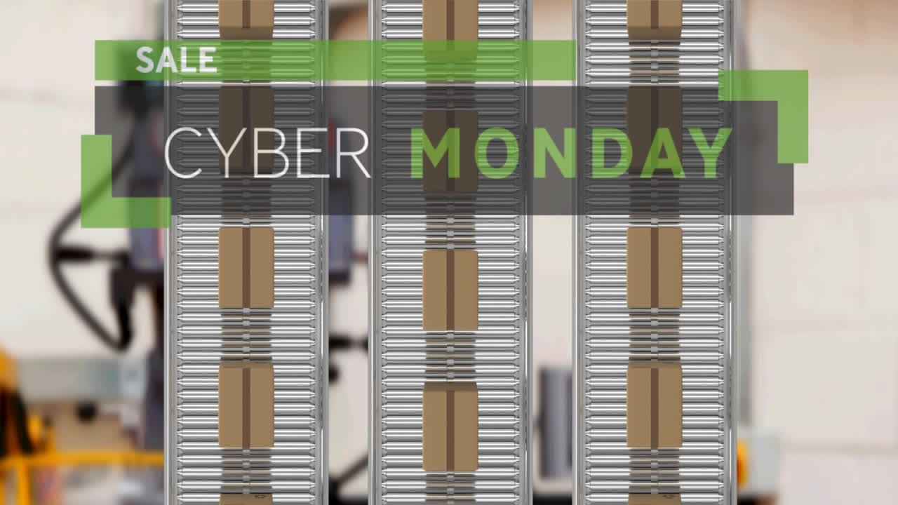 창고의 컨베이어 벨트에 있는 카드보드 상자 위의 사이버 월요일 텍스트의 애니메이션