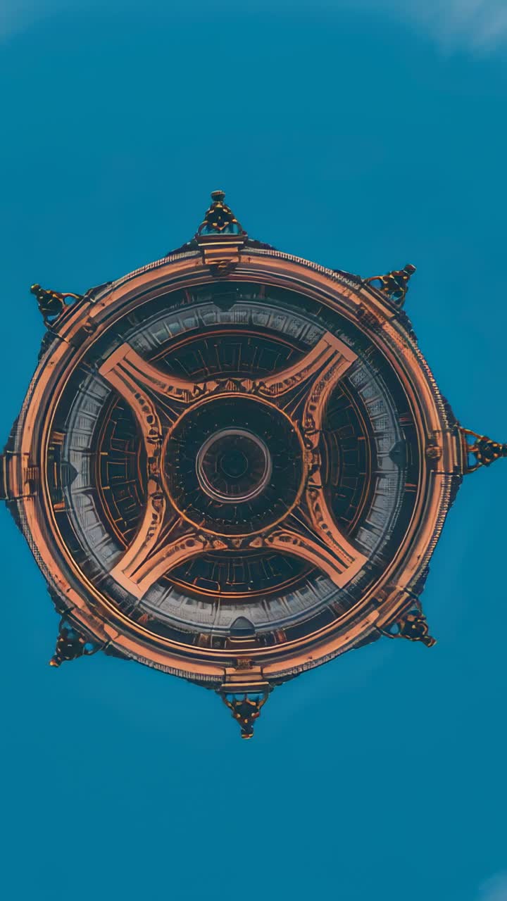 Video verticale: telecamera rotante che riprende una cupola dal basso con cielo blu sullo sfondo, mostrando supporti a quattro bracci