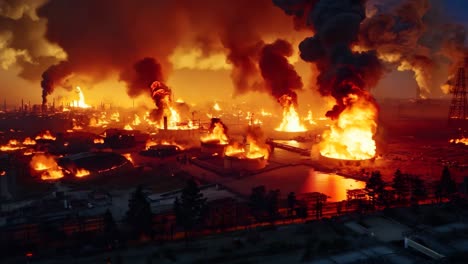 a large industrial area with lots of fire and smoke