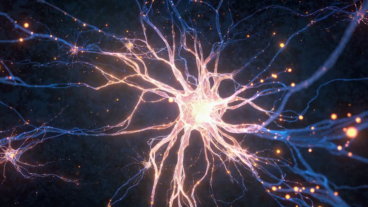 Lighting central soma sending signals across neural field to keep firing with branches nodes sparks