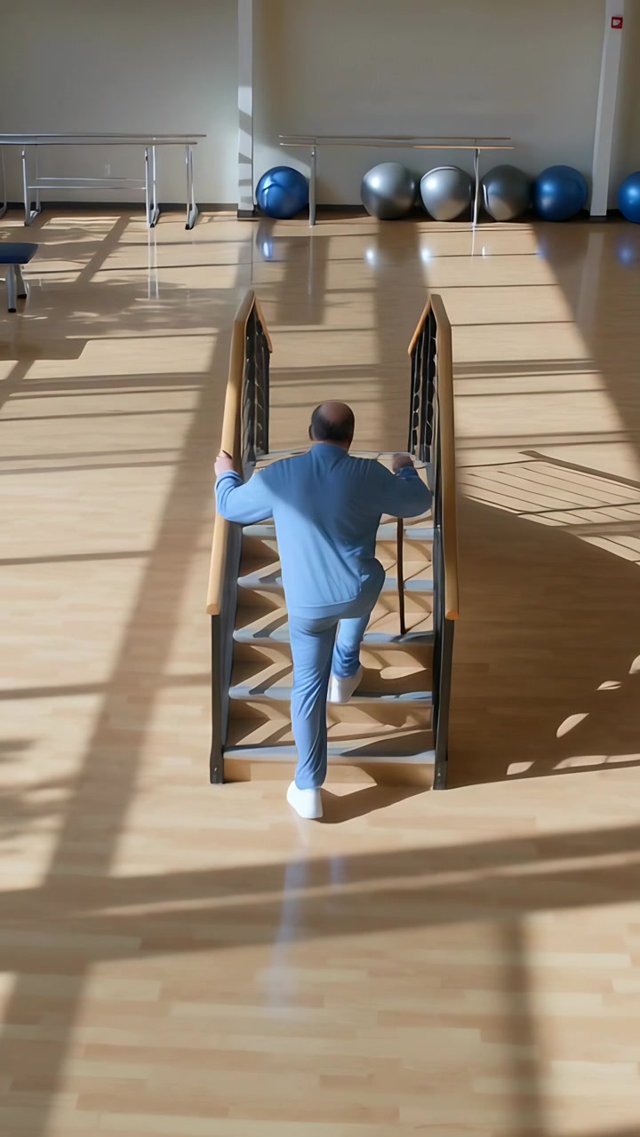Vertical video: Starting ascent in therapy gym, man in blue tracksuit using rail and cane for rehab