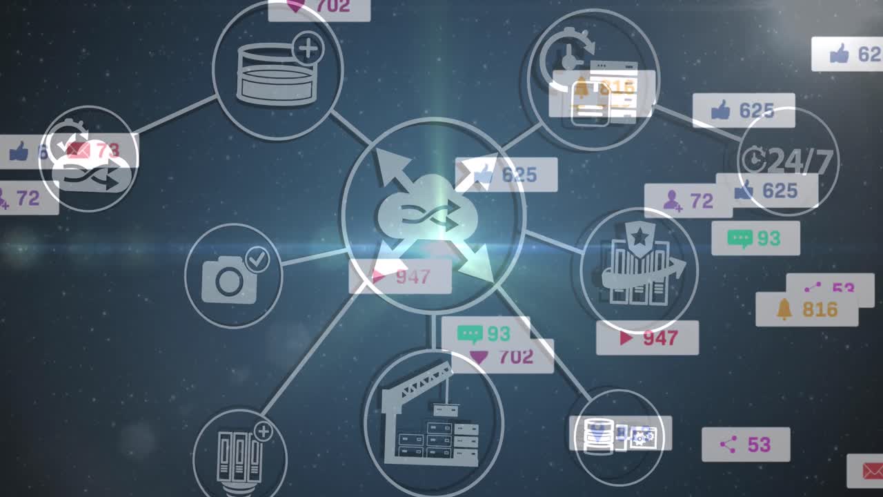 Animation of social media icons and numbers over green background