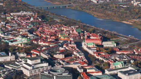 aerial shot towards the royal castle in warsaw