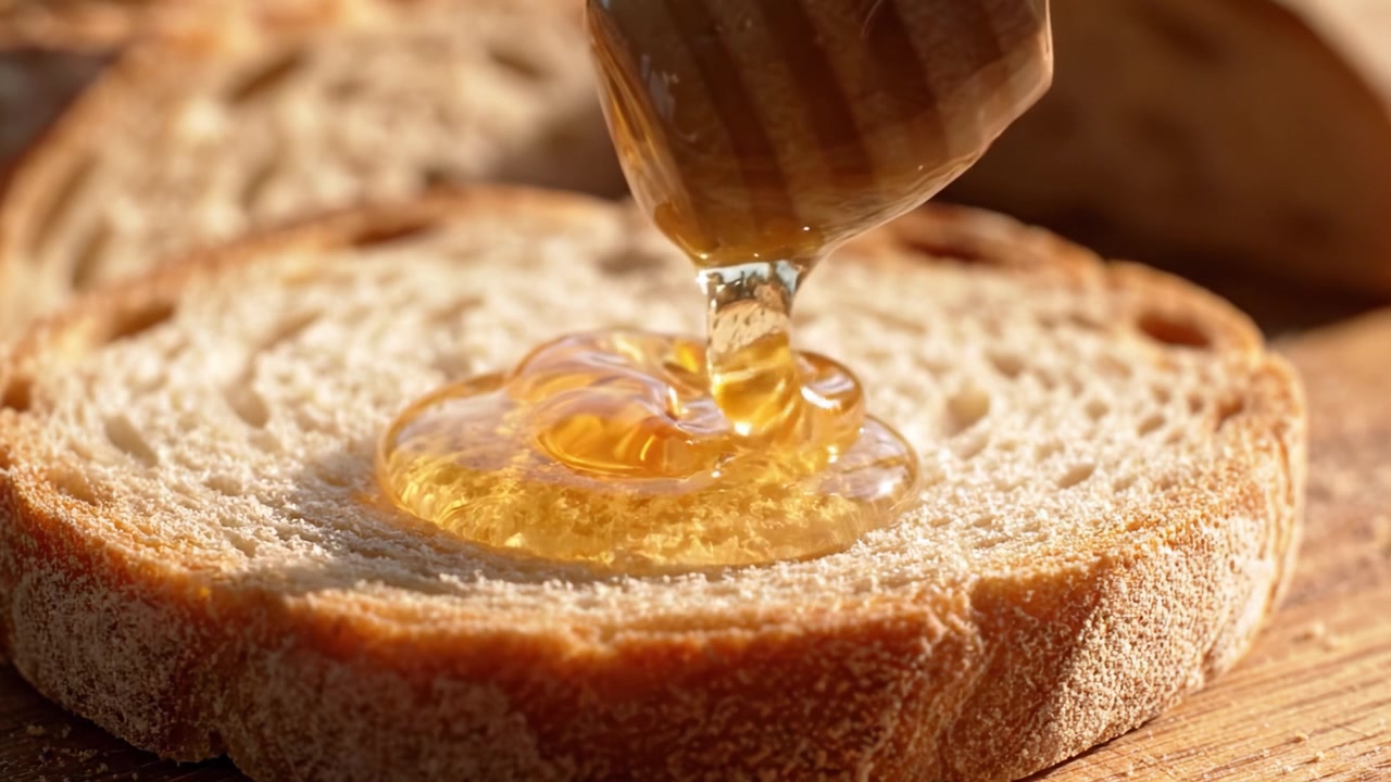 A Close-Up View of Drizzling Honey Over Freshly Sliced Bread, Showcasing the Perfect Blend of Flavors and Textures in a Warm and Inviting Setting