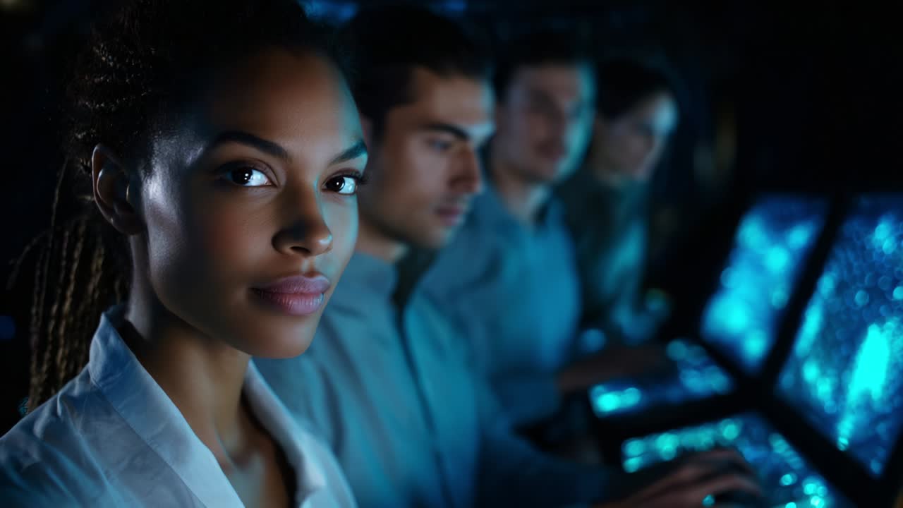 A focused team of data analysts working collaboratively in a high-tech environment, utilizing advanced technology as they sift through information displayed on multiple screens, enhancing productivity and efficiency