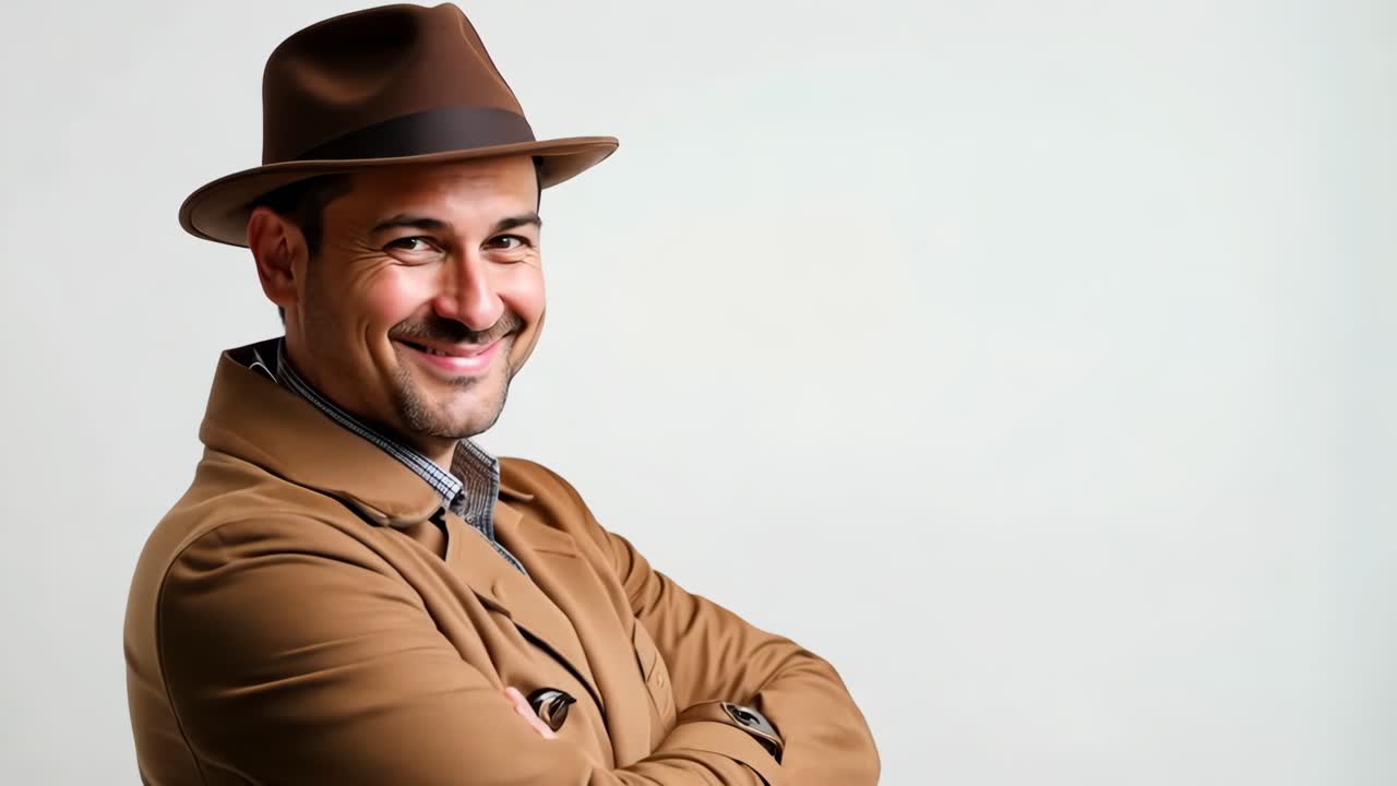 un hombre con un abrigo marrón y sombrero con los brazos cruzados