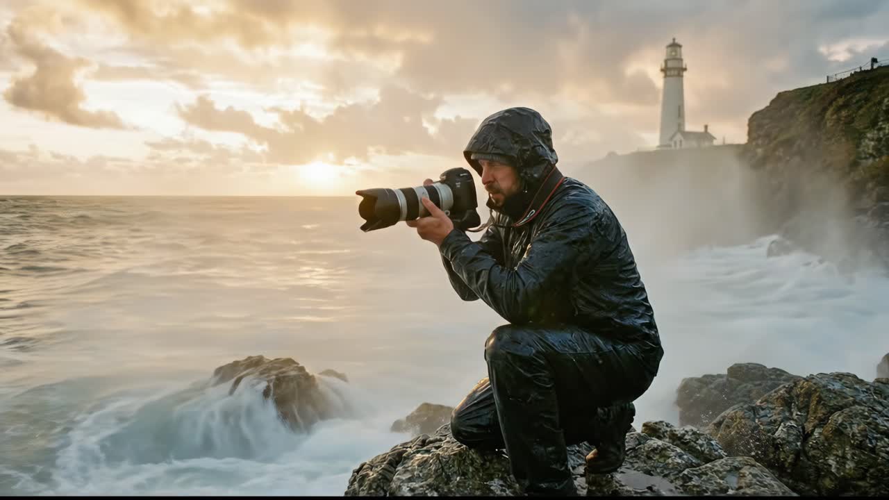 Fotógrafo com capa de chuva capturando ondas do oceano perto do farol