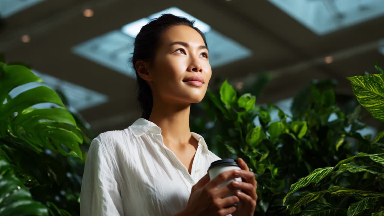 A serene moment captured in a lush green setting, featuring a woman holding a coffee cup while thoughtfully gazing upwards, surrounded by vibrant foliage under soft natural light