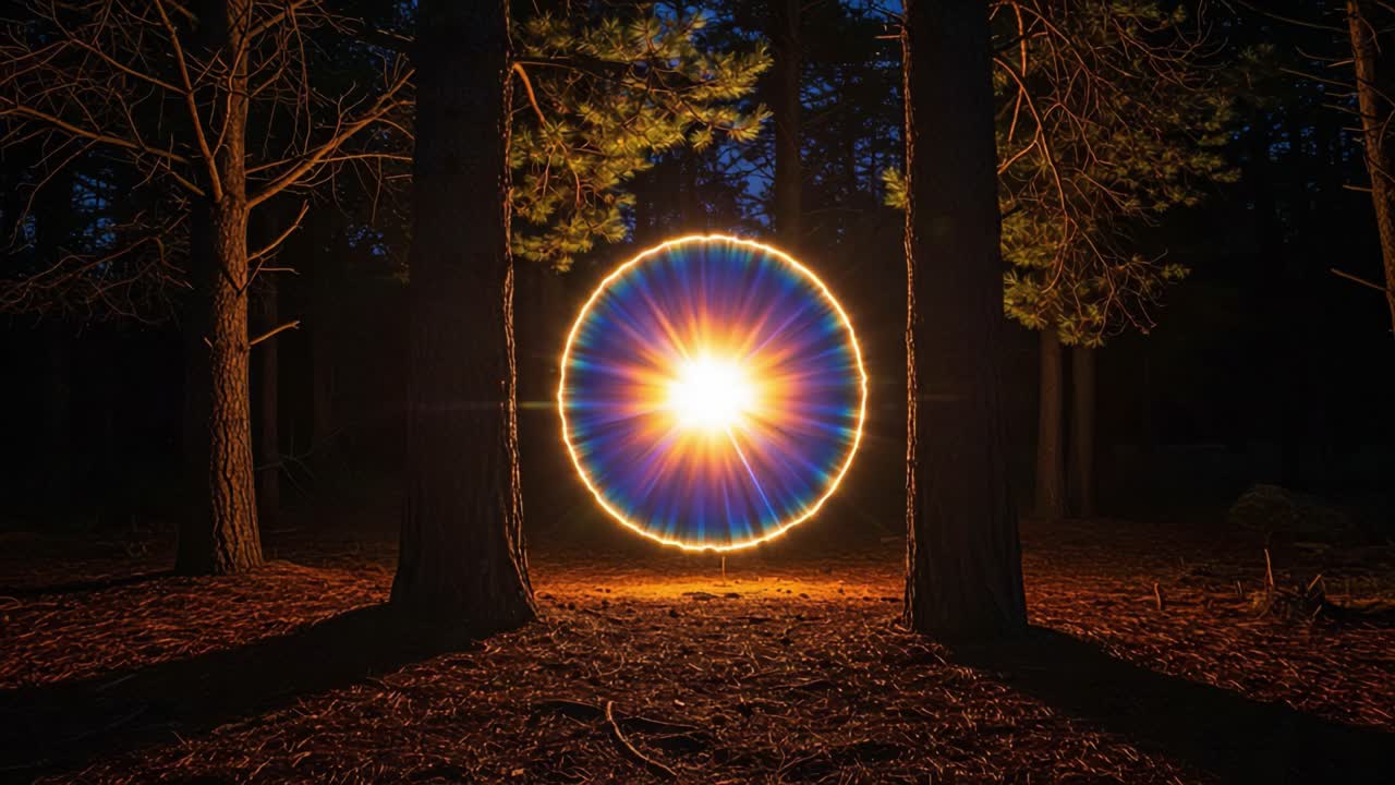 A Mesmerizing Display of Light: An Illuminated Circular Lumen Surrounded by Dark Forest Trees at Dusk, Creating an Enchanting Visual Experience