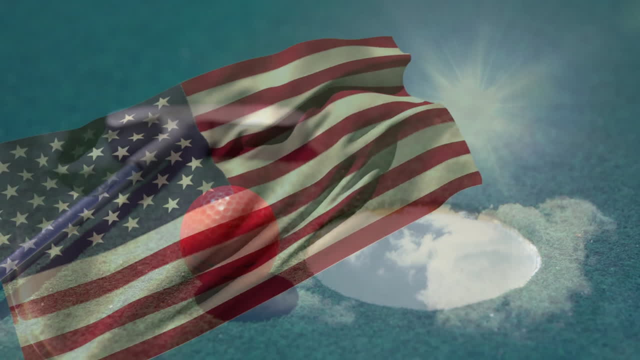 flat design red ball sitting near corner pocket on green-felt table with American flag waving