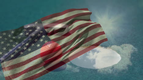 flat design red ball sitting near corner pocket on green-felt table with american flag waving