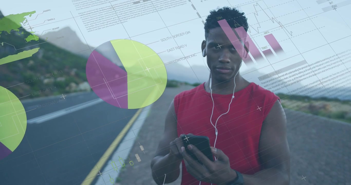 Animation of financial data processing over african american man using smartphone