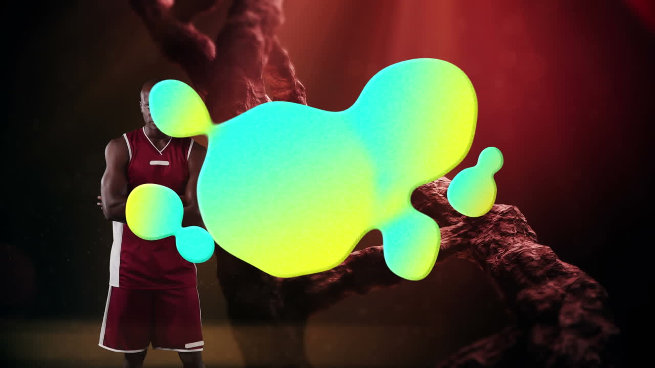 Animation of dna strand spinning and colorful blot over basketball player
