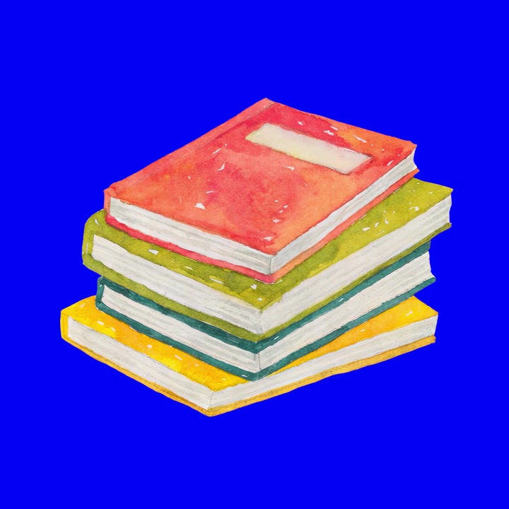 Stack of Colorful Watercolor Books on Blue Background