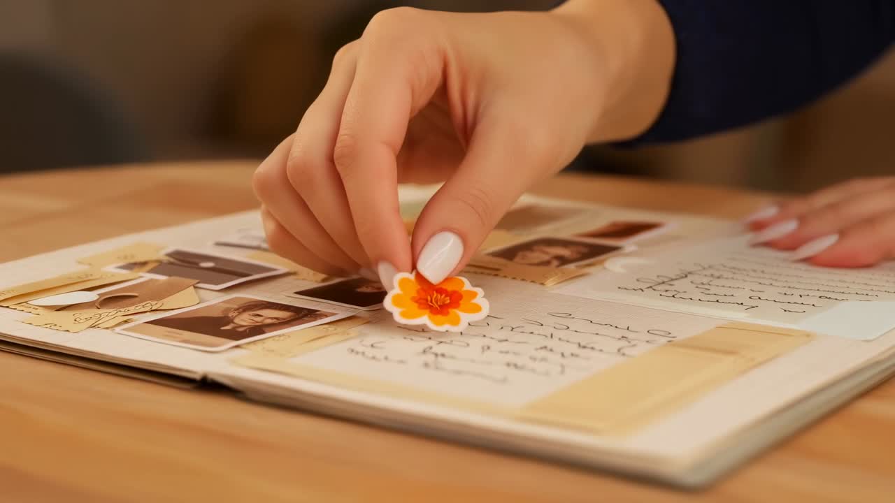Mano che raggiunge e posiziona uno sticker arancione su un album di ritagli a un tavolo di legno, manica scura per decorazioni, ritratti