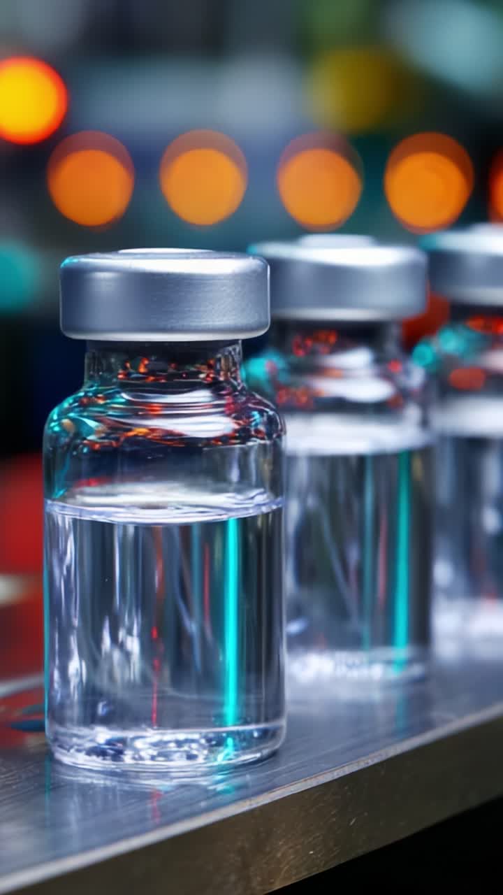 Clear glass vials filled with liquid are lined up in a row, reflecting colorful lights and showcasing the precise details of their design and contents