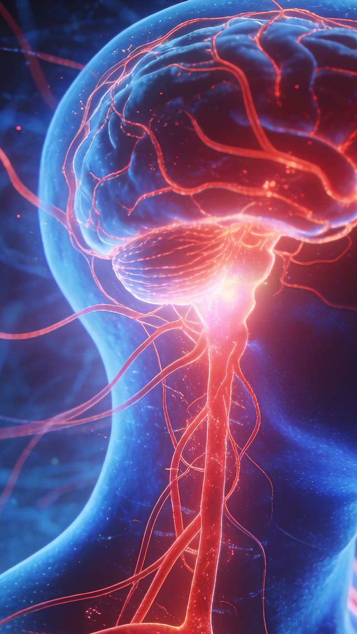 Head revealing spinal signals, vessels pulsing, particles traveling upward to show neural flow