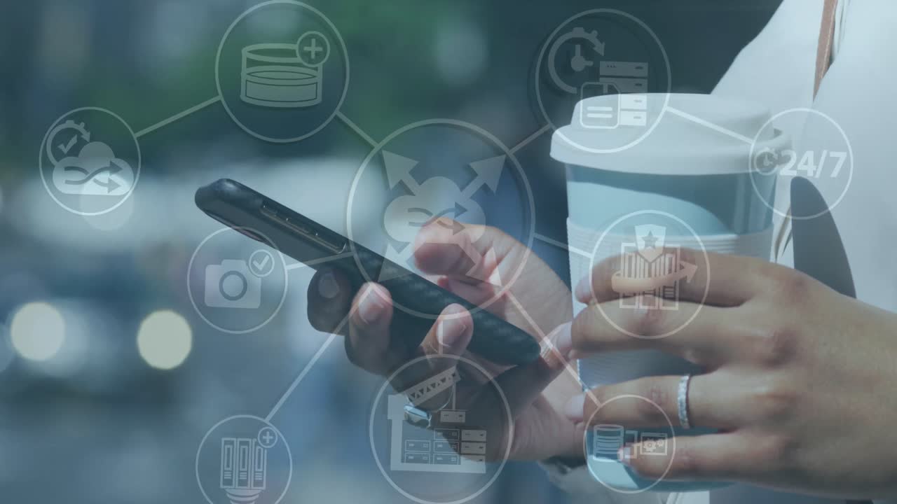 스마트 폰을 사용하는 여성의 중간 부분 위에 디지털 아이콘 네트워크의 애니메이션