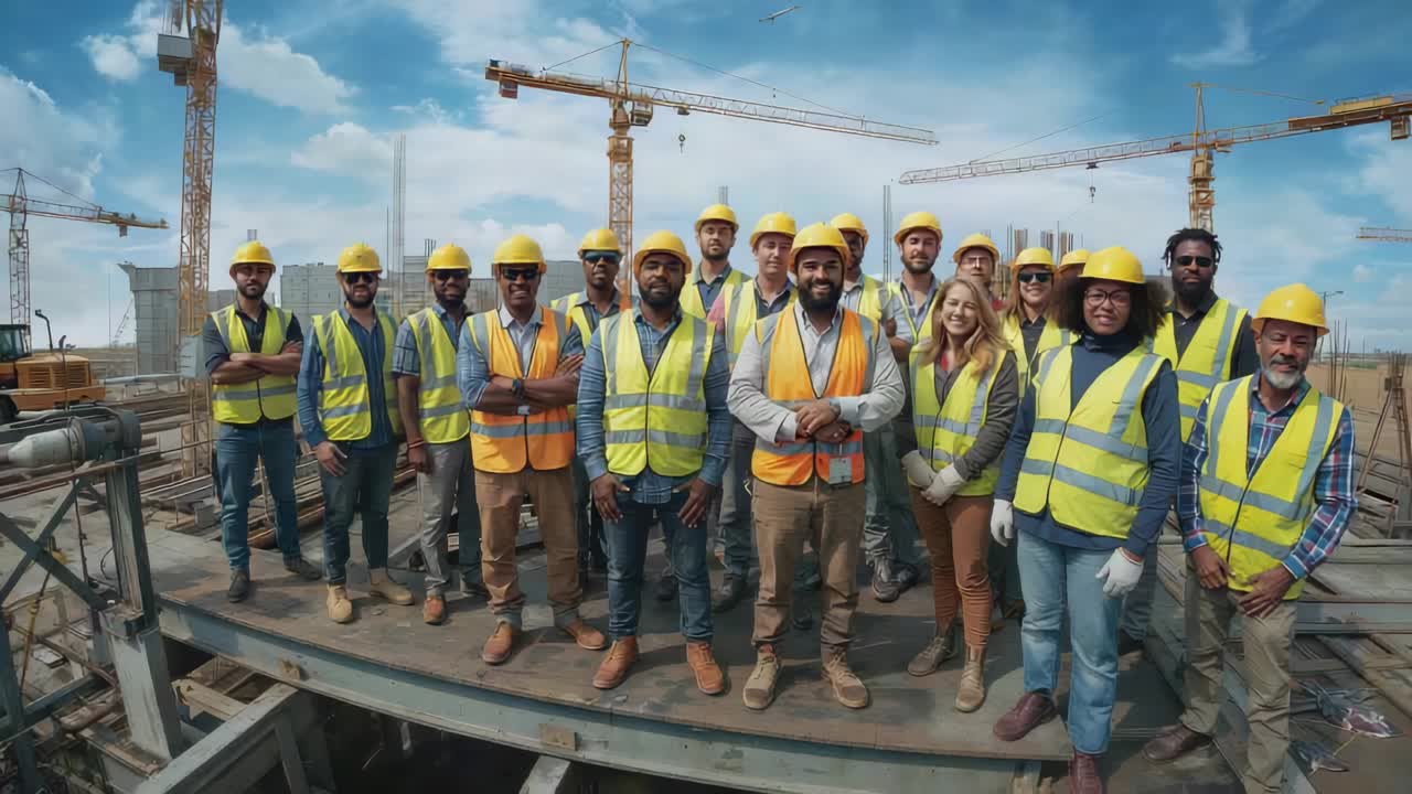 Waving crew acknowledging camera, lifting hands on construction slab, showing hard hats and vests