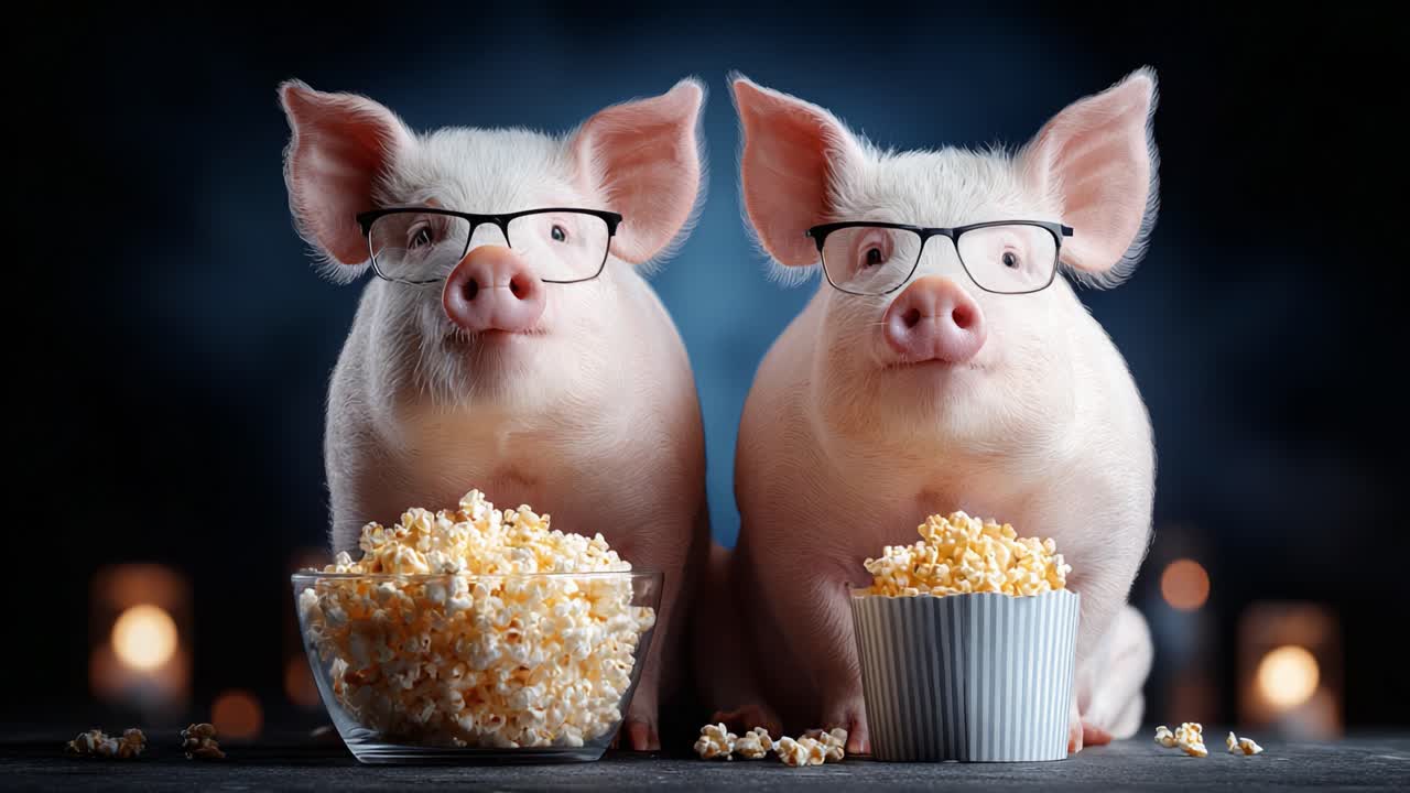 Two Adorable Pigs Wearing Glasses Enjoying Popcorn in a Fun and Whimsical Setting, Captured in a Charming Video Still That Showcases Their Unique Personality
