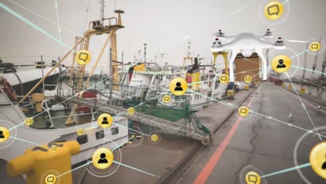 animation of network of digital icons against flying drone carrying a package at an harbor port