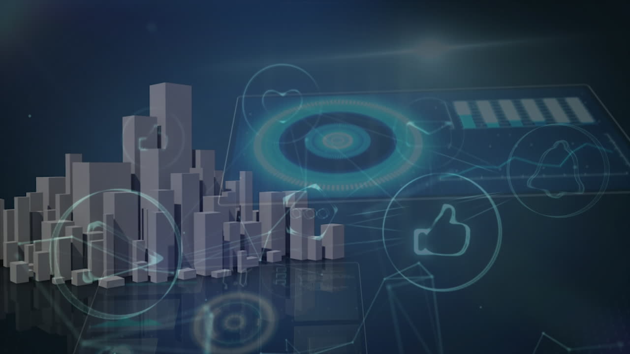Animazione di una rete di connessioni con icone sopra una città