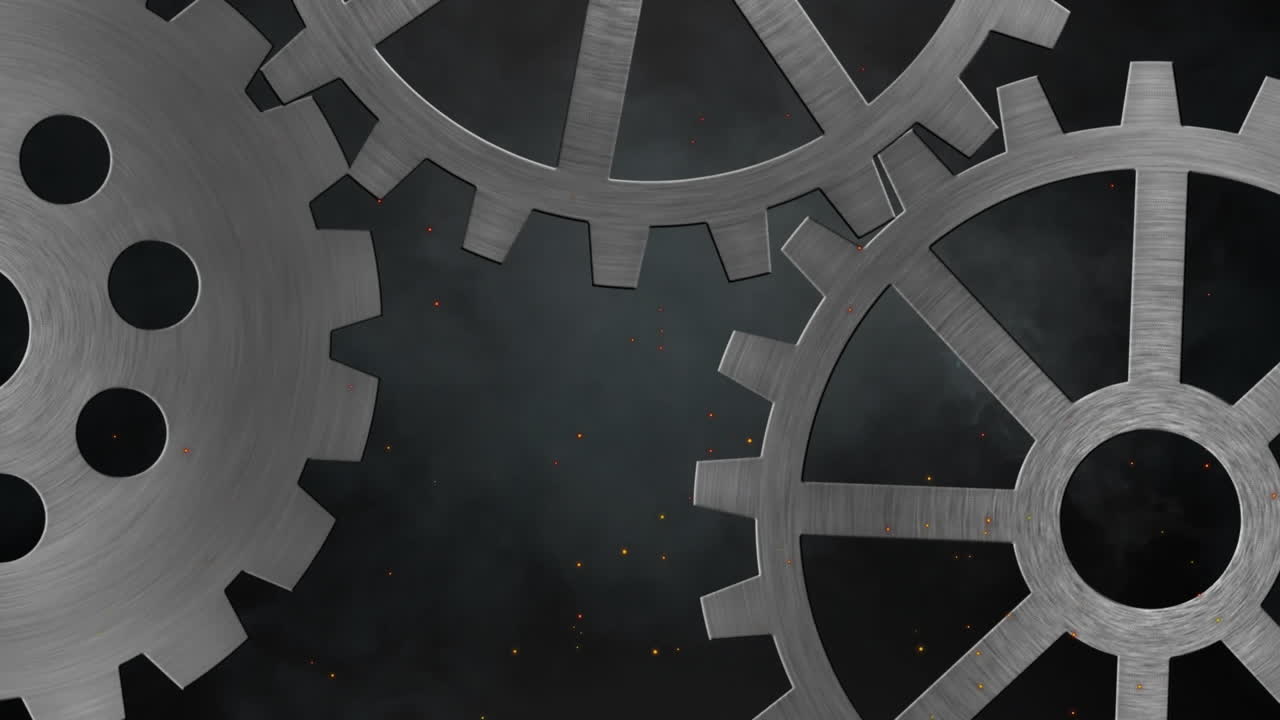 Animation of cogs moving and smoke trail on black background