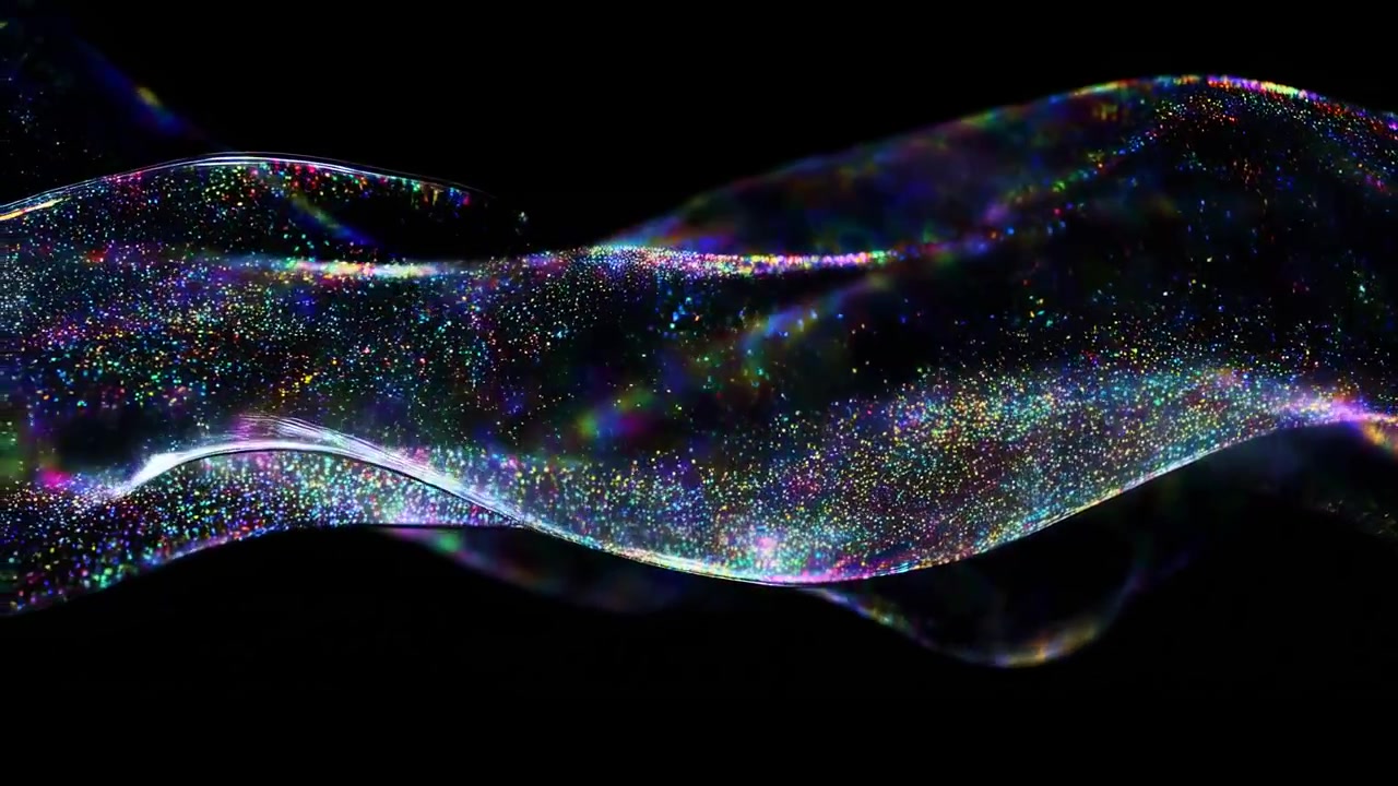Colorful Particle Wave Glitters Across Black Background, Translucent Ribbon Of Shimmering Dust Flows