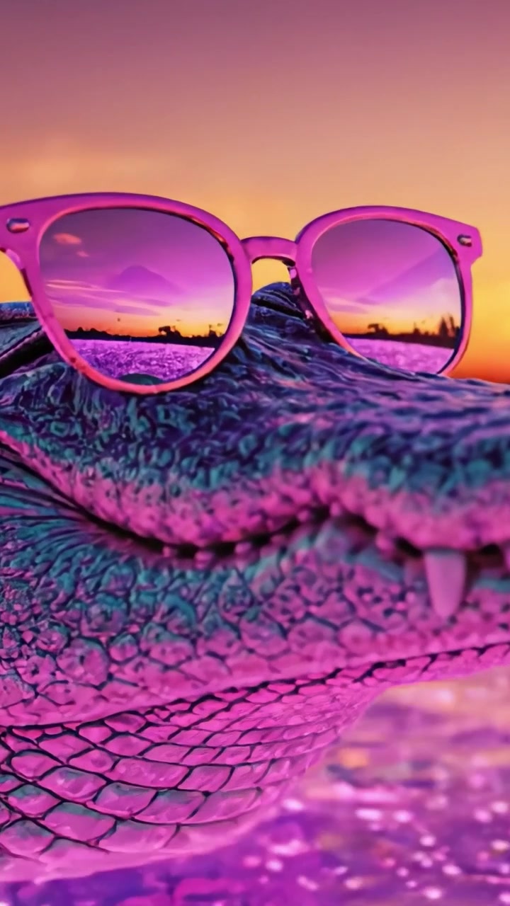 En livlig alligator slapper af i en farverig solnedgangslagune, der viser sin unikke stil med stilfulde solbriller, der reflekterer den smukke atmosfære omkring den.