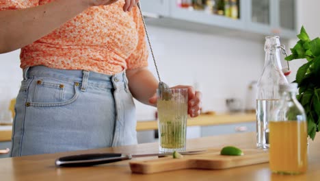 Mujer-Preparando-Cócteles-En-La-Cocina-De-Su-Casa.-Concepto-De-Bebidas-Y-Personas.-Mujer-Joven-Preparando-Cócteles-De-Mojito-De-Fresa-En-La-Cocina-De-Su-Casa.