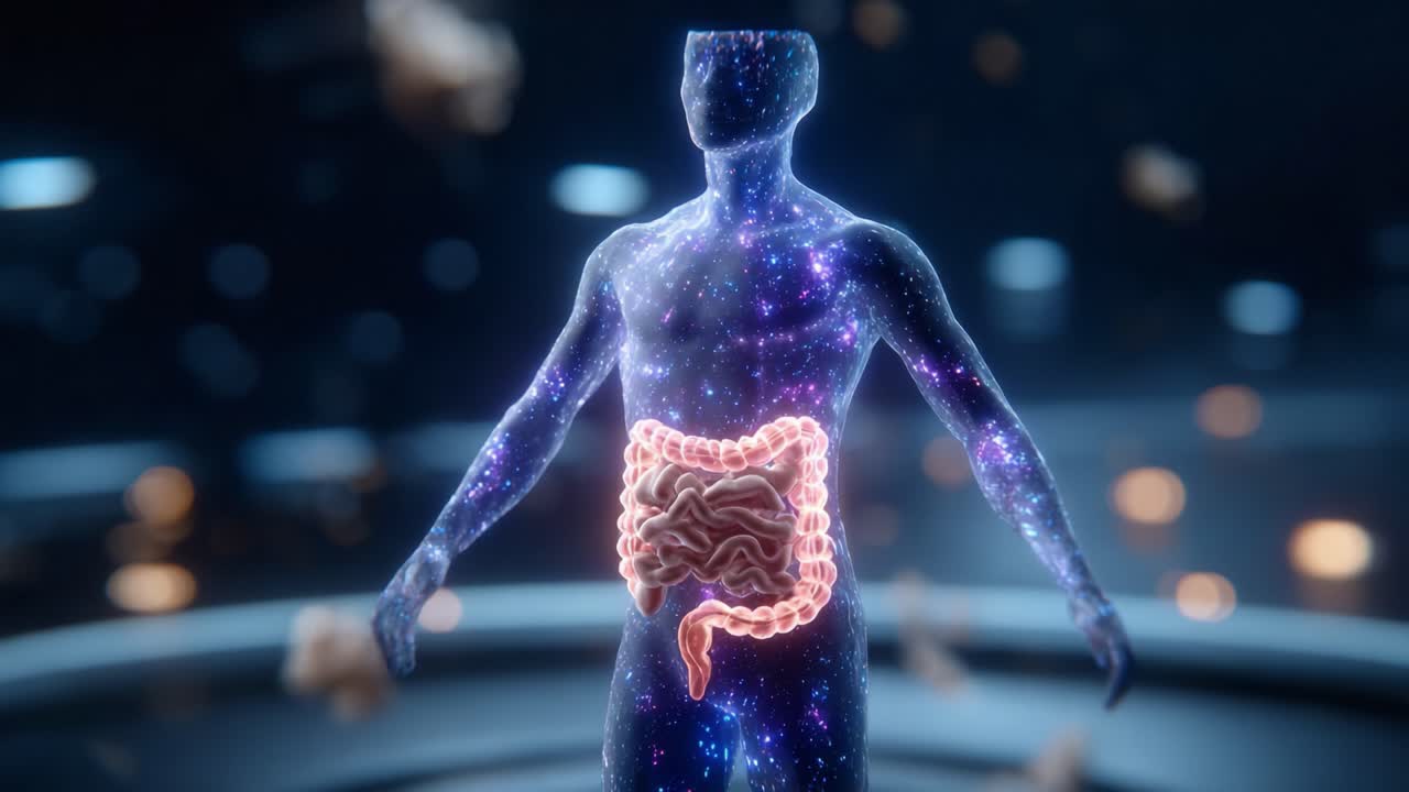 A mesmerizing depiction of the human digestive system set against a cosmic backdrop, illustrating the wonders of our biology intertwined with the universe