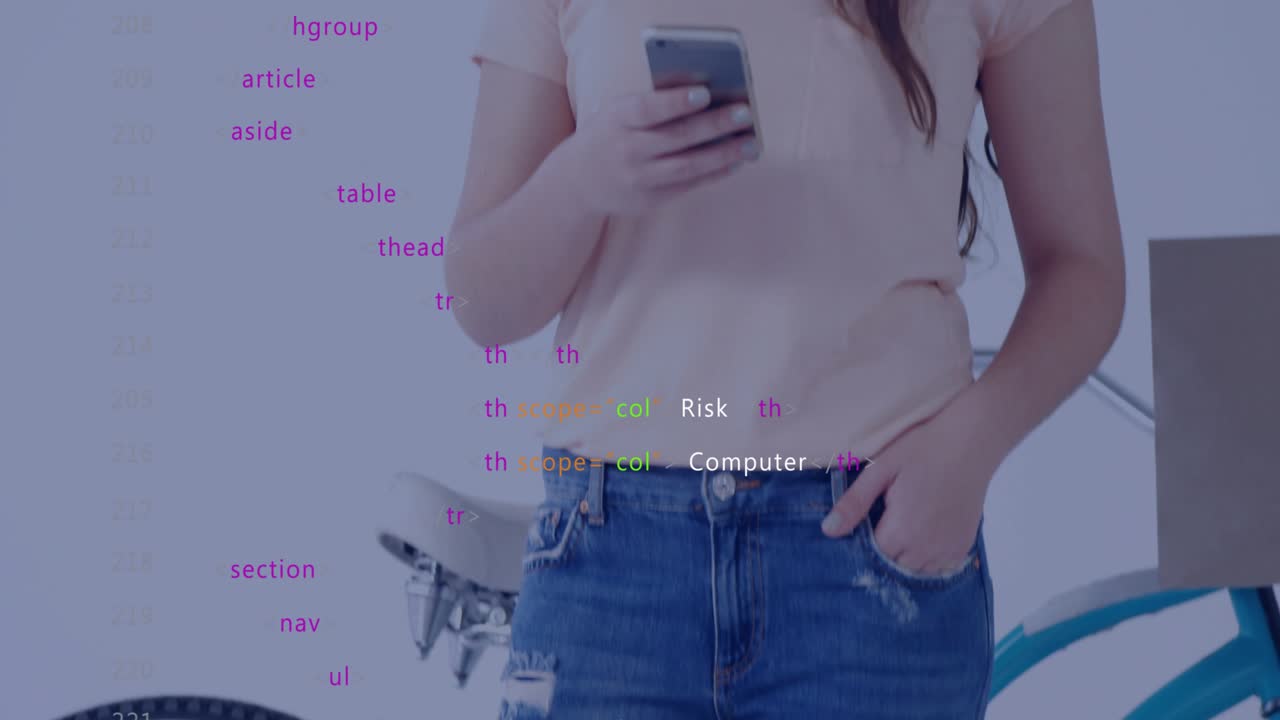 Woman shifting, reading smartphone after getting cyber alert, code overlays across body and bicycle