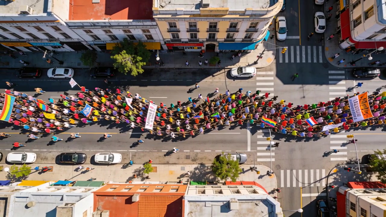 Attivisti in marcia che attraversano una strada cittadina dopo una manifestazione, protestando con striscioni e bandiere arcobaleno.