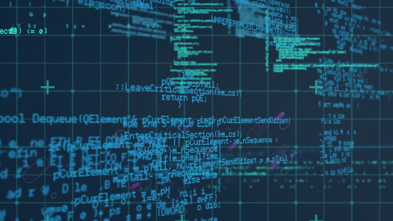 Animation of data processing and purple light trails over gird