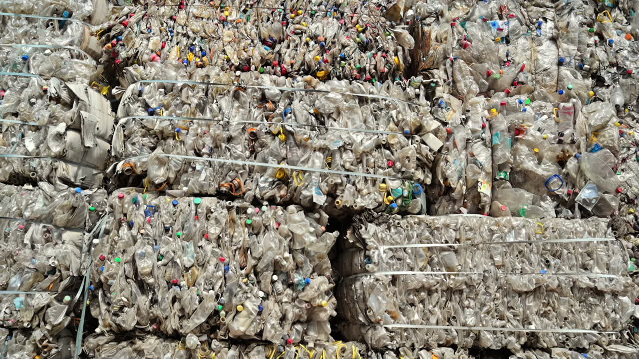 Multiple stacks of compressed transparent plastic garbage at waste recycling factory in open air. Slow motion
